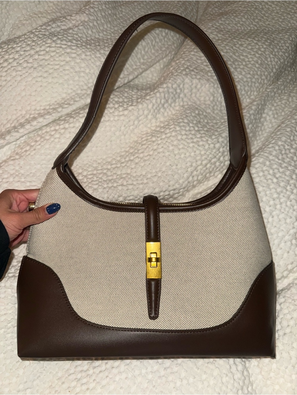 Classic Brown & Cream Shoulder Bag - Structured Canvas and Leather
